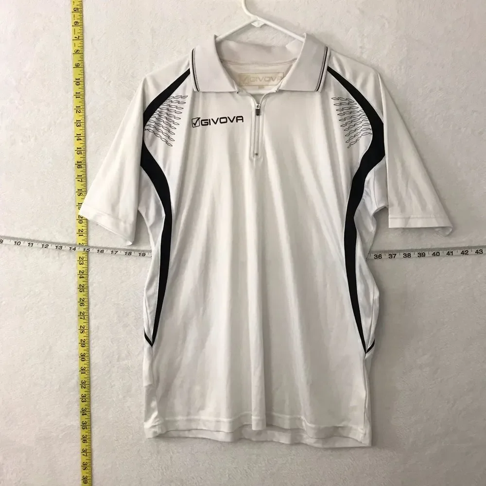 Givova Mens Sz L White Collared Zip Polo Shirt Short Sleeve White/Black